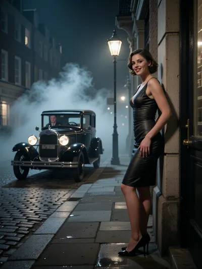 Masterpiece, highest quality, extremely detailed, photorealistic, 8K raw shot, London in 1932, moody atmosphere, night, unlit street, no lighting, very dense fog, wisps of fog, cobblestones, a 1930 Ford Model A appears on the horizon, a man behind the wheel. A young prostitute, elegantly dressed in form-fitting attire, stands against a building wall waiting for a client, wearing a sexy, smiling expression, professional photography, soft cinematic lighting, sharp focus, high resolution, realistic.