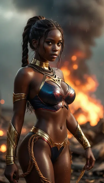 8k, best quality, (masterpiece), (intricate details), ((rear view)), super sexy 25 year old African female dressed as Superwoman, ((very dark skin:1.4)), Long black braided hair, perfect eyes, perfect face, perfect lighting, 4beautiful, high detail, octane render, detailed eyes, sexy, walking away, view from behind, holding golden lasso, mysterious, (full-body shot from a distance), standing in the center of a tornado with debris blowing around her, huge natural breasts, round buttocks, curvy thighs, curvy round hips, wide thigh gap, tight round ass, Rainbowiridal, Spiral, rainbowiridal, eyes, palette, Shiny..., Bright..., Intense, gaze, Fire, dragon, Amber, cat, Anthro..., woman, Genetically, modified..., <lora:MJ52:1.5>, <lora:Stunning_eyes_2:.8>