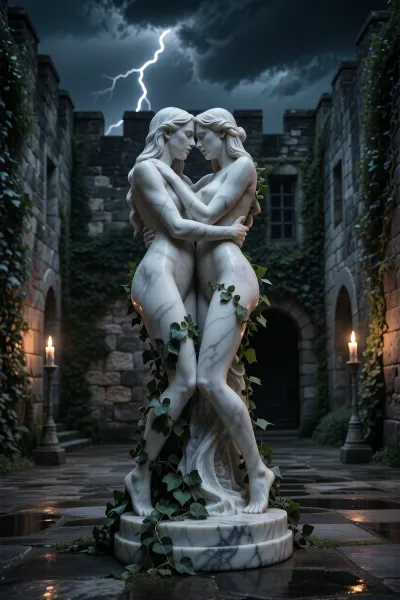 (((marble statuette of two naked lesbian women in loving embrace))), ivy climbing up the statuette, placed in the middle of a medieval castle courtyard, ivy covered rough stone walls, dark night with sparse illumination from a few standing troches, dark cloudy sky with lightning, dark medieval atmosphere, somber lighting, long shadows, photo realistic, realistic torch flame lighting, realistic detailed stone texture, realistic detailed marble texture, anatomically correct statuette, highly detailed statuette, detailed realistic ivy texture, ONLY FEMALE FIGURES, feminine statuette