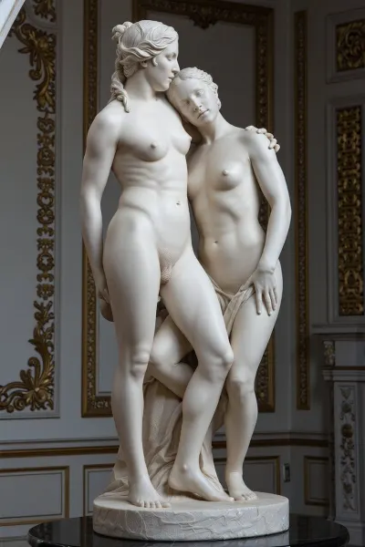 marble statuette of two naked lesbian women in intricate pose