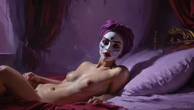 female, naked, laying on burgundy bed, wearing porcelain mask with purple turban, (artwork, digital painting, fantasy art, loading screen art style), <lora:J_cartoon:.1>, <lora:EnvyAnimeDigitalPaintingXL01:.1>, <lora:Sinister_Style_SDXL:.1>