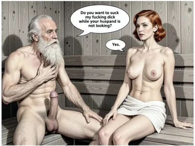 This is is a detailed monochromatic pencil drawing in a classical illustrative style depicts a scene set in USSR, in 1960s, bright, colorful colors, An old grandpa groping the medium breasts of a 25 year-old redhead European tourist in sauna, sitting, she is gorgeous, she is wearing a white towel, he is naked with big cock and long white beard, Speech bubble from grandpa "Do you want to suck my fucking dick while your husband is not looking?". The woman replies "Yes."The overall mood is intense, rendered in fine, expressive line work and subtle shading, evoking the style of 1950s satirical or moralistic illustrations.