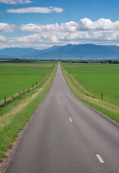 straight narrow old asphalt road stretches away into the distance, along the road are bright green fields and poles with wires on the right, a bright blue sky with white clouds, low mountains on the horizon far away, (saturated bright colors, high definition image, high contrast colors)