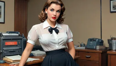 (in Mort Künstler art style), (in style of old vintage comics from 1930-1950s), competent secretary, 1950's outfit, sheer white blouse, (massive nipples sticking under clothes:1.2), black skirt, 1950's pinup style photo, (1950s entourage and setting:1.6), (1950s vintage color photography:1.6), full-body view, <lora:comix-000013:1.4>, <lora:CoMIX:1.4>, <lora:Comic_XL_V2:.5>, <lora:BUT_SDXL_SHS:1.4>