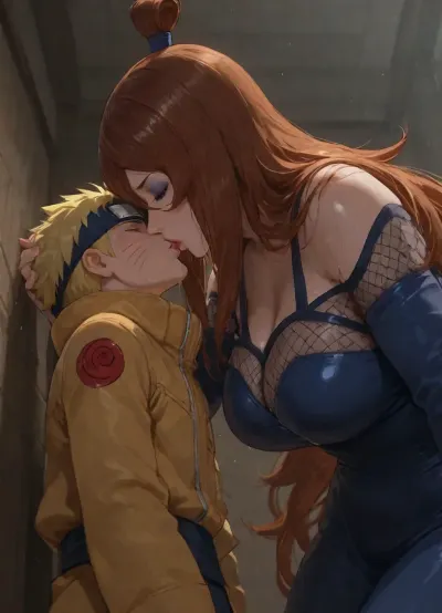 masterpiece, high detailed, (Glossy liner anime style), clear and light frame, (1 woman, Terumi Mei, long hair, her blue outfits, hourglass figure body, 36 years old, eyeshadow, milf, giant woman), BREAK, (1 boy, Naruto_Uzumaki, yellow hair, his yellow coat, headband with Konoha emblem, short and small boy), (mother and son, taboo relationship), woman holding back of boy's head, (height difference, giant woman and small boy), side view, below view, deep field shot, hetero, woman bend forward to kissing the boy, waist, bend over, mouth to mouth, wet kiss