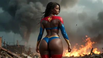 8k, best quality, (masterpiece), (intricate details), ((rear view)), super sexy 25 year old African female dressed as Supergirl, ((very dark skin:1.4)), Long black braided hair, perfect eyes, perfect face, perfect lighting, 4beautiful, high detail, octane render, detailed eyes, sexy, walking away, view from behind, holding golden lasso, mysterious, (full-body shot from a distance), standing in the center of a tornado with debris blowing around her, huge natural breasts, round buttocks, curvy thighs, curvy round hips, wide thigh gap, tight round ass, Rainbowiridal, Spiral, rainbowiridal, eyes, palette, Shiny..., Bright..., Intense, gaze, Fire, dragon, Amber, cat, Anthro..., woman, Genetically, modified..., bottomheavy, big, ass, huge, gigantic, thick, thighs, massive, <lora:MJ52:1.5>, <lora:Stunning_eyes_2:.8>, <lora:bottomheavy_v1_sdxl_LoRA:2>
