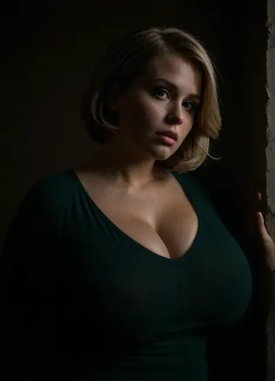 Portrait, Female obese women, Super plumper 30 year old dark blonde with freckles, chubby face, leaning against wall, huge chubby breast, detailed face, wide jawline, soft chin, motion lines, mesmerizing eyes, round soft belly chubby waist, she is surprise, super side view, Ultra realistic, 30 year old, beautiful German with straight blonde short bob haircut wearing a v neck dark green revealing long sleeves shirt with enormous cleavage, tan skin, blue eyes, petite, low light, ((portraits)), <lora:bombshell_v2:.2>, <lora:illustrious_styles_v3_vpred:1.5>, <lora:SDXL_MassiveCowsLoRA_v1:.6>, <lora:dark:.8>