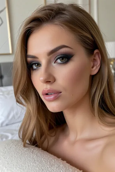 intimate portrait of a woman in her luxurious bedroom with minimalist decor, she poses coyly with a soft serene expression, she has luscious lips with soft pillowy creases, soft honey-blonde hair, glamorous sultry makeup with dark kohl eyeshadow and thick winged eyeliner, huge down-turned almond-shaped light-brown eyes, delicate doll-like facial structure high sharp cheekbones