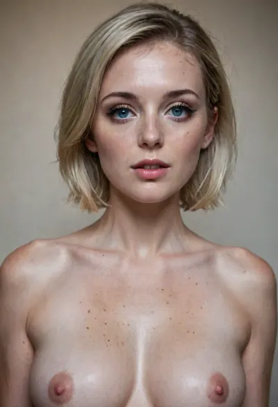 3/4 front pose. Turned in profile. Beautiful sexy slender 25 year old blonde woman posing naked, profile photo, big breasts, dark makeup, icy-Blue eyes, short shoulder-length hair, 1/4 view, bare legs, good hands, perfect fingers, slightly open mouth, with cum on her forehead, facial, detailed, eyes, perfect, freckles, texture, photorealistic, perfecteyes, pale, skin, round, breasts, <lora:Super_Eye_Detailer_By_Stable_Yogi_SDPD0:1.1>, <lora:lora-sdxl-perfect-eyes:1>, <lora:Pale_Skin_SDXL_v1.0:.7>, <lora:round_breasts-XL-1.0:1.5>