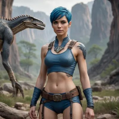A young woman with short, vibrant blue hair, a slender androgynous physique, and a confident expression as observed from Picture 2, stands tall and poised in a prehistoric landscape. She wears a detailed outfit crafted from textured leather and bone armor, featuring reinforced straps woven between sturdy knots and a belt made from braided tendons. A pendant of smoothed pterosaur bone hangs around her neck, and wrist guards of flattened plates protect her arms.

She poses with a dominant stance, one hand resting near her waist pouches while the other holds a tool, showcasing her muscular androgynous frame. Her face is illuminated by soft, natural light, highlighting her direct gaze and the intricate details of her primal attire. The background features a vast, rocky terrain with towering prehistoric flora and a distant herd of large, long-necked dinosaurs under a hazy, ancient sky.

The scene is rendered in a photorealistic style with cinematic lighting, deep focus, and high contrast. The atmosphere is one of survival and mastery over the wild environment, capturing a moment of quiet power amidst the primeval world. 32K resolution, intricate details, octane render, realistic textures.