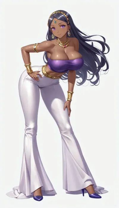 1 extreme strong Aisha Belka, solo, (from dungeon_ni_deai_wo_motomeru_no_wa_machigatteiru_darou_ka), beautiful, bending forward, tubetop and Aladdinpants in purple, beautiful face, very busty athletic bodyshape, muscular skinny thighs, very long Waist, golden jewelery, high massive breasts, dark brown skin, (very long legs), black hair with a shimmering streak, very long straight hair, detailed black skin, her weapon is on detailed very large Scimitar with intricate edging, purple eyes, art nouveau style, multiple, views, of, the, same, character, model, sheet, chatacter, <lora:araminta-amazing_people:1.5>, <lora:Model_Sheet_Xl:.8>