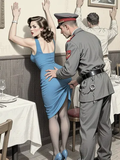 This is is a detailed monochromatic pencil drawing in a classical illustrative style depicts a scene set in USSR, in 1960s, bright, colorful colors, Beautiful curvy brown hair elegant hairstyle milf 40 yo with hourglass figure, Submissive madam with elegant hairstyle, with seductive faces and wide hips, she stands bent over near the restaurant facing the wall with her arms raised, leaning on the wall with her hands, legs slightly apart, wearing in in beautiful blue dress in the style of 1950, (her gray silk stockings are visible), A gray uniformed Soviet policeman with handcuffs on his belt lifts the hem of her dress with one hand and touches her hips with the other hand while conducting a search, (other restaurant patrons of different genders also stand against the walls with their arms raised, leaning on the walls), rear view .The overall mood is intense, rendered in fine, expressive line work and subtle shading, evoking the style of 1950s satirical or moralistic illustrations.