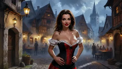 (one woman, mature 40 year old, brunette, sensual smile, red lips, dancing sexy striptease), (wearing skimpy tavern corset pulled down exposing breasts), (medieval german town, half-timbered houses with white walls and black roofs, people in background, oktoberfest), evening, close side view, (artwork, digital painting, fantasy art, loading screen art style), <lora:J_cartoon:.1>, <lora:EnvyAnimeDigitalPaintingXL01:.1>, <lora:Sinister_Style_SDXL:.1>