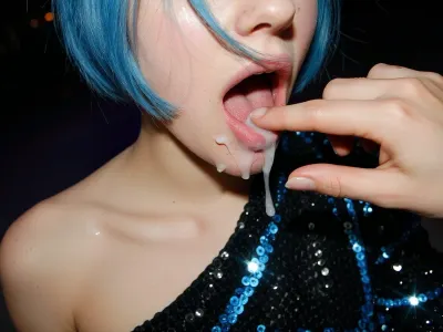Create realistic extreme closeup of mouth, (Blue bobcut haired skinny russian girl, slavic girl, very bony girl, black and blue one shoulder sequin dress, mouth open), (back of mouth full of cum:1.5), cum in mouth, fingers playing with cum, smeared makeup, hair swinging in air, hair on face, night, dark, drunk, rowdy, flash photo, motion blur, amateur snapshot, heavy dutch angle, violent light trails, chaotic long-exposure motion, realistic white skin with flaws, burned highlights, extreme closeup, viewed from above, viewer above her, ISO 800 film grain, face partly cropped out from view