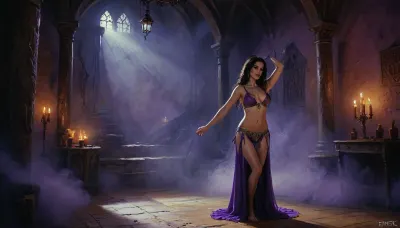 (one girl, dark hair, 30 year old, small breasts), (inside high class medieval brothel, purple accents, detailed background), (wearing skimpy medieval belly dancing outfit, topless, exposed breasts), (dancing striptease on scene), dark ambience, dynamic angle, (artwork, digital painting, fantasy art, loading screen art style), <lora:J_cartoon:.1>, <lora:EnvyAnimeDigitalPaintingXL01:.1>, <lora:Sinister_Style_SDXL:.1>