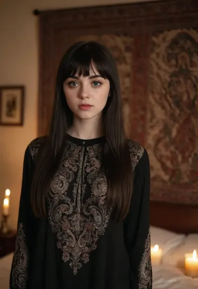 Photorealistic, highly detailed and realistic eyes, face, facial expression, skin with blemishes, hair. Sharply focused. Detailed and well-focused eyes.
BREAK
The subject is an 18 year old caucasian girl, looks innocent, pale skin, black hair, long hair, bangs, dark eyes, thin, small breasts, wearing black long sleeve loose shirt with paisley and swirling patterns, tight pants, standing in her bedroom, decorated with tapestries, wall hangings, candles.