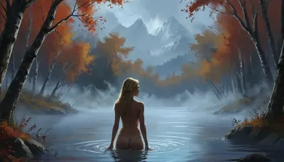 (Vex from skyrim, naked, 40 year old, scandinavian, long blonde hair, detailed face, small breasts, sexy slim body), (bathing pose in a big lake, hands behind head, watery body, breasts not visible, autumn birch trees in distance), (rear view, back view, view from behind, looking away face not visible), (artwork, digital painting, fantasy art, loading screen art style), <lora:SDXLSamDoesArts:.1>, <lora:J_cartoon:.1>, <lora:EnvyAnimeDigitalPaintingXL01:.1>, <lora:Sinister_Style_SDXL:.1>