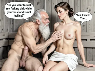 This is is a detailed monochromatic pencil drawing in a classical illustrative style depicts a scene set in USSR, in 1960s, bright, colorful colors, An old grandpa groping the medium breasts of a 35 year-old elegant brown hair European tourist in sauna, sitting, she is gorgeous, she is wearing a white towel, he is naked with big cock and long white beard, Speech bubble from grandpa "Do you want to suck my fucking dick while your husband is not looking?". The woman replies "Yes.I want it"The overall mood is intense, rendered in fine, expressive line work and subtle shading, evoking the style of 1950s satirical or moralistic illustrations.