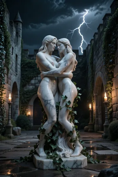 (((marble statuette of two naked lesbian women in loving embrace))), ivy climbing up the statuette, placed in the middle of a medieval castle courtyard, ivy covered rough stone walls, dark night with sparse illumination from a few standing troches, dark cloudy sky with lightning, dark medieval atmosphere, somber lighting, long shadows, photo realistic, realistic torch flame lighting, realistic detailed stone texture, realistic detailed marble texture, anatomically correct statuette, highly detailed statuette, detailed realistic ivy texture, ONLY FEMALE FIGURES, feminine statuette