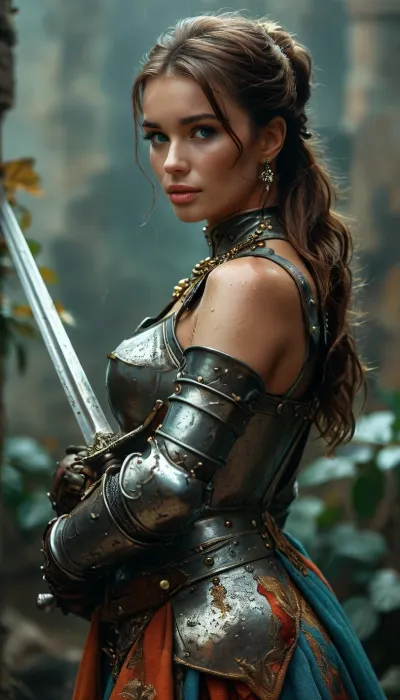 Full body view, (Movie poster for a 1960s horor movie version of breakfast at Tiffany's:1.4), beautiful sexy Girl, best quality, ultra-detailed, masterpiece, finely detail, higher, 8k wallpaper, sexy heavily armored european knight with massive tits and a slim waist plus thick thighs, elegant posture, dynamic pose, dynamic angle, dark fantasy, Rembrandt lighting, highly detailed castle overgrown with vegetation in the background, a confident plus dominant aura and demeanor, athletic body with tight abs and toned muscles, heavy weighty metal armor that's worn from battle, belts and straps, metal armor plating, metal breastplate, large metal gauntlets, large metal pauldrons, medieval knight with heavy armor, bulky thick armor, armor boots, dimly light, soft gentle lighting, chain accessories, extremely detailed face with a strong jawline plus defined cheek bones plus freckles and beauty marks, stunningly beautiful face with a intoxicatingly seductive and aroused expression, radiating powerful sexual energy, overcast and rainy, 25yo woman, cute tight ass, thick heavy metal tassets, big bow in ponytail, chainmail skirt, plain ocher velvet underdress, holds a sword, <lora:tbh71-sdxl:.5>, <lora:MJ52:.8>
