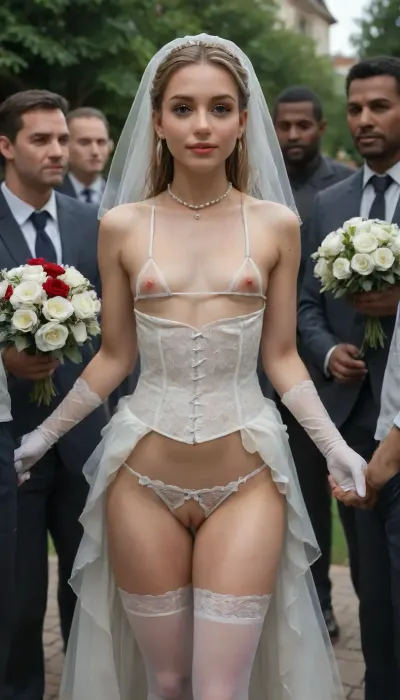(A row of interracial group portrait, portrait of family photo, white 1woman with black 7men, little white bride Stepdaughter, Nigerian black big 5men:1.3), hugs, outdoor, Beautiful 20 year old bride small head Tiffany, 7 black African big muscular black Nigerian men around her, outdoor in yard garden, slutty smirk, (white veil, white roses bouquet, white stockings, lace white gloves to shoulders, white corset, white micro bra:1.3), hourglass figure, fair skin, pure white hair, perfect makeup, short wavy bob haircut, round breasts, large areolas, hard erected bulge longnips, (breasts and pussy completely visible through her transparent dress), (flat chested bride:1.4), (short torso:1.5), very large areolas, (big labia cameltoe:1.2), ((big pearls necklace)), (gold hoop earrings), powder blue eyes, (very long eyelashes), very cute, innocent, shy expression, transparent sheer white wedding gown, ((see through dress)), (lace white crotchless panties:1.3), sheer white lace stockings, shaved pussy, poing in a warm sun lit white and red rose garden, diaphanous, dress, bukkake, cum, Tiffany, blonde, <lora:xl_diaphanous_dress-1.0:2>, <lora:MS_Real_XL_Bukkake:2>, <lora:detailed_notrigger:2>, <lora:Tiffany_head:2>