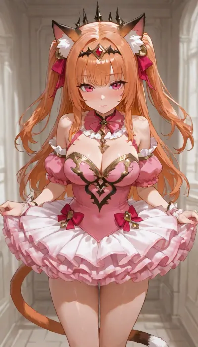 Petite cute cat woman. Dressed in a fancy pink balarina outfit, tutu.