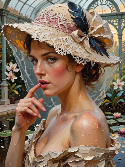 A portrait of a young, beautiful woman in the Edwardian style of the 1900s–1910s, she stands in a luxurious conservatory by a pond with water lilies, in a three-quarter profile, her head slightly turned to the left, the pensive gaze of her expressive eyes is directed to the side, rosy cheeks, slightly parted lips, her right hand is raised, with her index finger touching her lower lip, her hair is gathered and styled beneath a hat. A cream-colored wide-brimmed hat with a ribbon, abundant white lace, a bow, and dark blue feathers, a semi-transparent white veil falls to her shoulders. A textured summer dress with bare shoulders. Background, a Victorian glass-and-iron greenhouse with a frame and arched windows, the warm, golden light of sunset filters through the glass, a pond with green water lily leaves and blooming pink and white water lilies, tropical plants. Style, oil painting, Impressionism, visible textured brushstrokes, impasto, soft, painterly light, high level of detail, the atmosphere of John Singer Sargent and Monet’s water gardens.