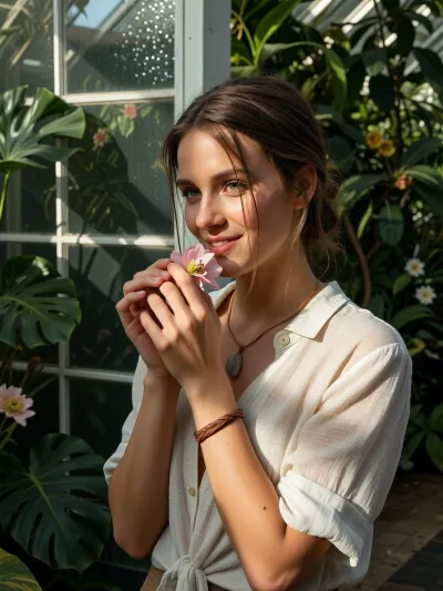 Ultra detailed depiction, sharp focus on her face and hands. a professional photograph of a beautiful woman standing inside a botanical greenhouse. She holds a delicate flower gently cupped between her hands, her hand clearly showing all five fingers around the flower, bringing it close to breathe in its scent. She wears a light linen shirt, its sleeves rolled up to the forearms, with a couple of buttons left undone at the collar, giving her an air of relaxed elegance. She wears a thin leather necklace with a small natural stone pendant, and a thin braided leather bracelet on one wrist. Light freckles are scattered across her face, and a few loose strands of hair fall softly across her cheek and forehead. Her green open eyes have a dreamy expression, softened with quiet pleasure as she breathes in its scent, a genuine warm smile spreading across her lips, a small private moment of delight. A directional beam of sunlight cuts across her face from one side, brightly illuminating one side of her face and the flower while the other side falls into soft shadow, creating dramatic contrast. She stands inside the greenhouse, fully enclosed by it, with dense plants immediately surrounding her on all sides. Directly behind her, large glass panels and white metal greenhouse framework rise up close behind the foliage, covered in droplets of condensation, with warm daylight glowing through the glass from outside. Lush green plants and flowery vines fill the enclosed space around her, some with large glossy leaves catching the light, others in gentle bloom, softly blurred into the background, partly in shadow. The color palette throughout the scene is rich and warm, dominated by deep greens, soft golds, and the warm tones of her skin, with deeper shadows adding contrast. The image has a shallow depth of field, with a soft bokeh background that keeps all attention on her face and hands. This is over-detailed professional photography, a masterpiece of epic photorealism, shot on a DSLR camera, with sharp facial details and a cinematic atmosphere throughout. Photorealistic.


.