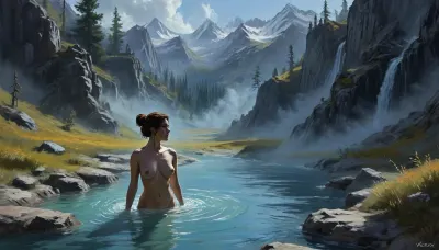 one woman, 40 year old, naked, sexy pose, hands behind head, bathing in hot springs sulfur water pools, (sunny daytime, medieval wilderness, flat terrain, lowlands, skyrim eastmarch), very close view, (artwork, digital painting, fantasy art, loading screen art style), <lora:J_cartoon:.1>, <lora:EnvyAnimeDigitalPaintingXL01:.1>, <lora:Sinister_Style_SDXL:.1>
