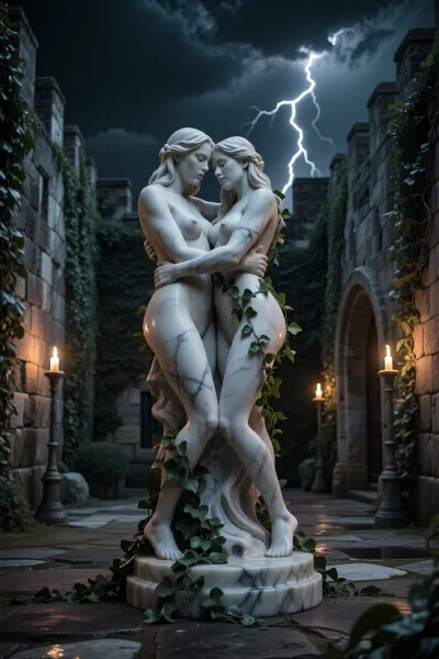 (((marble statuette of two naked lesbian women in loving embrace))), ivy climbing up the statuette, placed in the middle of a medieval castle courtyard, ivy covered rough stone walls, dark night with sparse illumination from a few standing troches, dark cloudy sky with lightning, dark medieval atmosphere, somber lighting, long shadows, photo realistic, realistic torch flame lighting, realistic detailed stone texture, realistic detailed marble texture, anatomically correct statuette, highly detailed statuette, detailed realistic ivy texture, ONLY FEMALE FIGURES, feminine statuette