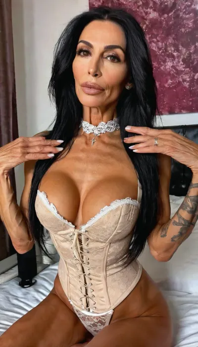 On my bed, ((pov handjob hand on my cock)), round fake tits, cumshot, aheagao, close up, ((seducing)), white lace corset dress, anorexic, photoshoot posing, ballerina, ((55yo old woman)), handcuffed, choker, tattoos, sexy neck, (tan skin), (fit body:1.3), (beautiful Argentinian instagram model face), (fit body), very beautiful, perfect skinny body, perfect face, looking at the camera, perfect eyes, (skinny fit), pretty, snub-nosed, long black hair, (crop, top:1), bmbplora, <lora:bimboxl_02:.8>, <lora:clothed_small:.8>