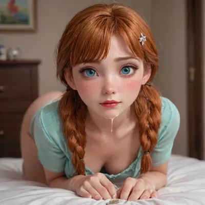 disney princess beauty, (Anna from Frozen), high pigtails, cute hair clips, orange hair, fat ass, large hips, score_9, score_8_up, score_7_up, score_6_up, heavy e-girl blush makeup, heavy blush and freckles makeup, makeup smeared, kneeling on both knees on the floor, hands behind back, freckles all over body, pale skin, sweaty, top down view, her face close to camera, facial from big black cock, cum covered face