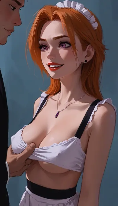 (side perspective), Sexy ginger maid in opulent bedroom, snarling in anger, her hands behind her back, cleavage, back arched, smiling, excited, (hyper detailed), (older boss grabbing her breasts), (man squeezing her breasts), (man groping woman), (erect nipples), (violet eyes), side boob, underboob, sideboob, large saggy breasts, no bra, (SamDoesArts:.9), drawing, (J_cartoon:1.3), (incase:.5), <lora:SDXLSamDoesArts:.5>, <lora:mk_Bp Anime_xl:.2>, <lora:EnvyAnimeDigitalPaintingXL01:.1>, <lora:ratatatat74-000050:.1>, <lora:J_cartoon:.1>