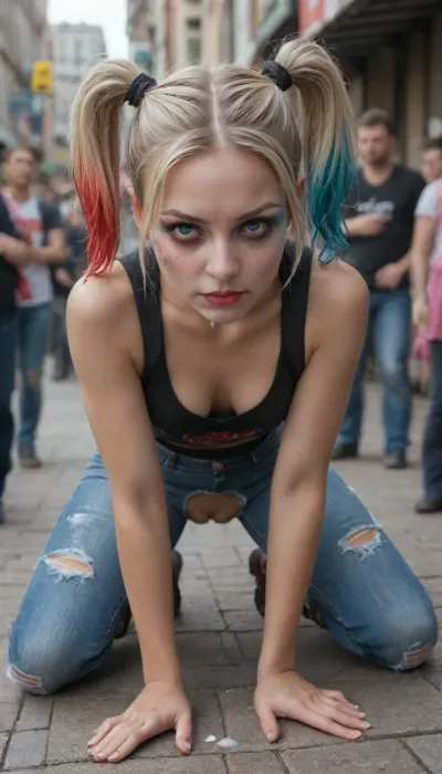 Harley Quinn, (frontal view, focus on foreground face:1.4), low on all fours, butt up, head low down, Blonde colored pigtails hair, thin body, (crotchless jeans ripped pants:1.3), thigh high boots, violet parr, small breasts, crowd, public, Look in eyes, cum on face, facial cum, disgusted, black shirt, shirt up, nipples, outdoor, Model, fully clothed