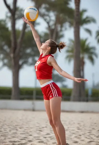 (in style of hand-drawn Soviet sports posters of the 1930s to 1950s), jumping in attack volleyball girl, provocatively minimalistic lewd skinny uniform, one hand up high for hit the ball, very athletic slim figure, nipples sticking hard under uniform, tall, strong, six cubes of abs, sexy, beautiful, seductive, she arched her body back, low angle view, (side view:1.9), the ball is in air right in front of her and slightly higher, on beach volleyball field, volleyball mesh is in the front