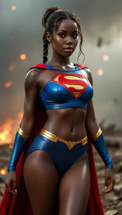 8k, best quality, (masterpiece), (intricate details), ((rear view)), super sexy 25 year old African female dressed as Supergirl, ((very dark skin:1.4)), Long black braided hair, perfect eyes, perfect face, perfect lighting, 4beautiful, high detail, octane render, detailed eyes, sexy, walking away, view from behind, holding golden lasso, mysterious, (full-body shot from a distance), standing in the center of a tornado with debris blowing around her, huge natural breasts, round buttocks, curvy thighs, curvy round hips, wide thigh gap, tight round ass, Rainbowiridal, Spiral, rainbowiridal, eyes, palette, Shiny..., Bright..., Intense, gaze, Fire, dragon, Amber, cat, Anthro..., woman, Genetically, modified..., <lora:MJ52:1.5>, <lora:Stunning_eyes_2:.8>