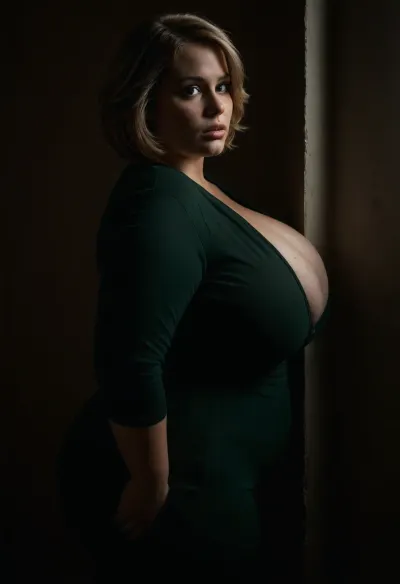 Portrait, Female obese trousers women pants, Super plumper 30 year old dark blonde with freckles, chubby face, leaning against wall, huge ass, huge chubby breast, detailed face, motion lines, mesmerizing eyes, she is surprise, super side view, Ultra realistic, 30 year old, beautiful German with straight blonde short bob haircut wearing a v neck dark green revealing long sleeves shirt with enormous cleavage and extremely, tan skin, blue eyes, petite, low light, ((portraits)), <lora:bombshell_v2:.2>, <lora:illustrious_styles_v3_vpred:1.5>, <lora:SDXL_MassiveCowsLoRA_v1:.6>, <lora:dark:.8>