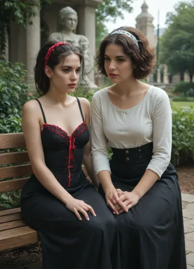 Two women, Zoey is a late-20s emo babe. Zoey has shaggy hair with a ribbon in hair. Clara is a late-20s goth babe. Clara has short hair with a headband in her. Zoey and Clara are in a garden with a marble statue of Hercules standing with a very hard erect penis. Zoey is lovingly caressing the statue. Clara is sitting on a nearby bench watching Zoey. best view
