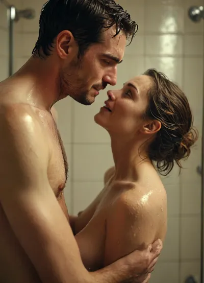 An 25-year-old man seduces an attractive mature tall 42-year-old mother in the shower, passionate eye contact, happy, <lora:MJ52:.8>