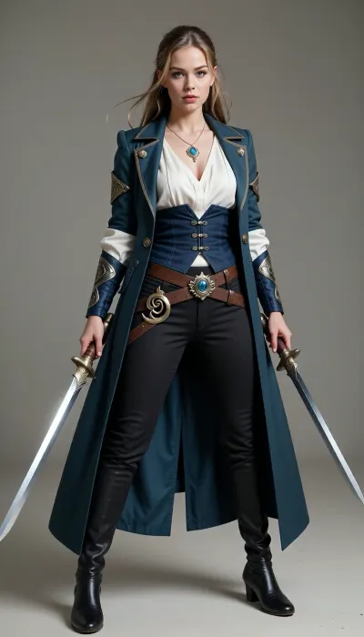 A cinematic high-fantasy full-body character portrait of Valeria Varenne, a 26-year-old female Aasimar paladin and elegant dual-wielding adventurer. She has fair skin, refined harmonious features, defined cheekbones, a straight elegant nose, striking silver-gray eyes, and long golden-brown hair with lighter natural highlights. Her hair is pulled back into a practical high ponytail for travel and combat. Her celestial heritage is subtle in her normal appearance, she looks predominantly human, beautiful and slightly otherworldly without visible wings, halo or constant supernatural glow.
Valeria has a slender athletic build shaped by years of fencing, with excellent balance and graceful controlled movement rather than muscular bulk. She fights as an agile unarmored duelist, not a traditional armored knight. Her bearing still reveals the woman who was raised as heir to House Varenne, but her clothing now combines aristocratic taste with the practicality of a seasoned traveler.
She wears a long, tailored dark muted teal coat that functions as her magical Cloak of Protection, elegant and flowing in motion but structured like a duelist's coat rather than a traditional cape. Beneath it is a loose ivory blouse of fine lightweight fabric, gathered by a fitted dark teal waistcoat or broad leather belt. She wears close-fitting dark trousers and high, finely made leather boots with a small practical heel. The outfit is accented with restrained silver and gold details and subtle wind-inspired embroidery. Everything is high quality but visibly intended for travel and combat.
Around her neck is a fine silver chain bearing an elegant silver pendant set with a polished sea-blue gemstone, her Amulet of Health. Fastened to her coat is her holy focus, a silver-and-gold brooch shaped like a spiraling current of wind surrounding a small star.
Valeria wields two elegant magical blades, a light, beautifully balanced scimitar in one hand and a slender shortsword in the other. Both blades have a subtle silver sheen, refined rather than ornate, clearly made for speed, precision and expert fencing. Her stance is mobile and balanced, like a sword dancer about to move rather than a heavy warrior bracing for impact.
A faint supernatural breeze moves her ponytail and the long tails of her coat even when the surrounding air is still. Her silver-gray eyes appear slightly brighter when her divine power rises, but there is no strong elemental aura around the weapons yet. She should feel like a woman touched by wind, freedom and celestial power without being visually dominated by magical effects.
She is standing in an old ruined courtyard, in a long forgotten fantasy castle, at dusk.
The setting is a fantasy ruined courtyard, suggesting that she has left her former noble life behind and now travels to help others. Painterly realistic fantasy art, cinematic lighting, dynamic but elegant composition, realistic anatomy, detailed fabrics and weapons, sophisticated heroic atmosphere.