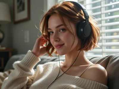 (ethereal aesthetic, surreal lighting:1.2), elegant and affectionate girlfriend, (auburn hair so fine and light it's nearly translucent and floating weightless, hair glow lighting), short hair, loose strands of hair framing face, stray hair glowing in sunlight, relaxed casual pose, reclined sprawl on couch, soft contented smile, focus on blissful and contended face, listening to music, wearing plain black studio headphones, hand raised to tuck hair behind her ear, living room, window, window blinds, (soft full lips, sharp defined jawline, delicate features), (hair glow lighting, hdr lens flare, crepuscular lighting through window, light motes), (tight closeup portrait, face bathed in sunlight:1.4), (layered composition with defined foreground and background, shallow depth of field), (girl-next-door beauty with natural charm), (comfortable casual attire, oversized loose sweater slipping off one shoulder, visible bra strap)