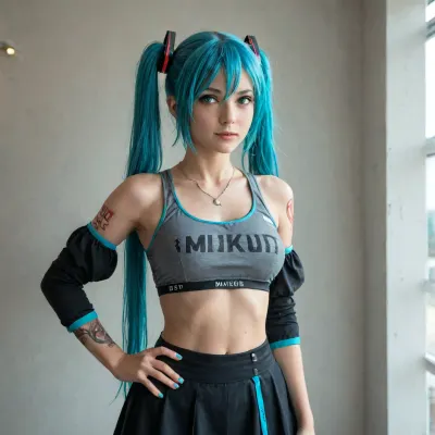 ultra-detailed, (best quality), ((masterpiece)), (highres), extremely, 1girl, miku, mikouclothing, solo, breastsunderboob, detached sleeves, crop top, brealistic, jewelry, necklace, tattoo, medium breasts, hip vent, <lora:mikoux_xl:1>, <lora:milkers_v2:.8>, cute, girl, skirt, uniform, <lora:cute_girls_xl_v1:.8>