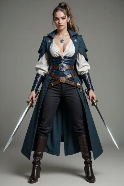 A cinematic high-fantasy full-body character portrait of Valeria Varenne, a 26-year-old female Aasimar paladin and elegant dual-wielding adventurer. She has fair skin, refined harmonious features, defined cheekbones, a straight elegant nose, striking silver-gray eyes, and long golden-brown hair with lighter natural highlights. Her hair is pulled back into a practical high ponytail for travel and combat. Her celestial heritage is subtle in her normal appearance, she looks predominantly human, beautiful and slightly otherworldly without visible wings, halo or constant supernatural glow.

Valeria has a slender athletic build shaped by years of fencing, with excellent balance and graceful controlled movement rather than muscular bulk. She fights as an agile unarmored duelist, not a traditional armored knight. Her bearing still reveals the woman who was raised as heir to House Varenne, but her clothing now combines aristocratic taste with the practicality of a seasoned traveler.

She wears a long, tailored dark muted teal coat that functions as her magical Cloak of Protection, elegant and flowing in motion but structured like a duelist's coat rather than a traditional cape. Beneath it is a loose ivory blouse of fine lightweight fabric, gathered by a fitted dark teal waistcoat or broad leather belt. She wears close-fitting dark trousers and high, finely made leather boots with a small practical heel. The outfit is accented with restrained silver and gold details and subtle wind-inspired embroidery. Everything is high quality but visibly intended for travel and combat.

Around her neck is a fine silver chain bearing an elegant silver pendant set with a polished sea-blue gemstone, her Amulet of Health. Fastened to her coat is her holy focus, a silver-and-gold brooch shaped like a spiraling current of wind surrounding a small star.

Valeria wields two elegant magical blades, a light, beautifully balanced scimitar in one hand and a slender shortsword in the other. Both blades have a subtle silver sheen, refined rather than ornate, clearly made for speed, precision and expert fencing. Her stance is mobile and balanced, like a sword dancer about to move rather than a heavy warrior bracing for impact.

A faint supernatural breeze moves her ponytail and the long tails of her coat even when the surrounding air is still. Her silver-gray eyes appear slightly brighter when her divine power rises, but there is no strong elemental aura around the weapons yet. She should feel like a woman touched by wind, freedom and celestial power without being visually dominated by magical effects.

The setting is a fantasy ruined courtyard, suggesting that she has left her former noble life behind and now travels to help others. Painterly realistic fantasy art, cinematic lighting, dynamic but elegant composition, realistic anatomy, detailed fabrics and weapons, sophisticated heroic atmosphere.