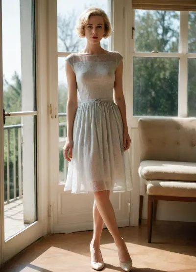 4122305, full body view. Private photo in 1958. 1 housewife stands next to a big window, she is 35 years old and wears lightly seethrough summerdress, short blonde hair, (she spreads her legs apart, the sunlight pass through her dress:1.1), summershoes