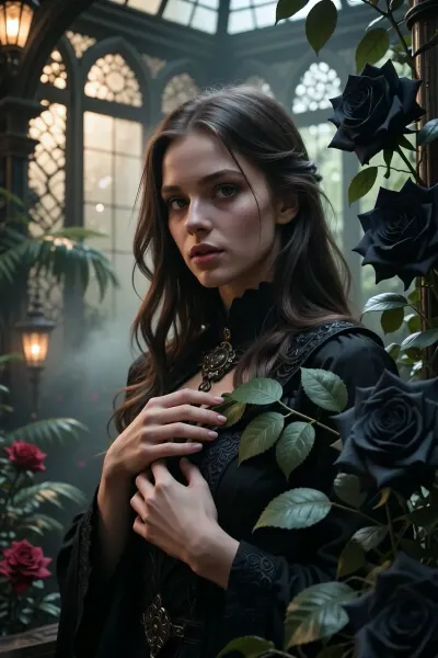 A realistic digital image. Evening twilight in a Gothic, ornate conservatory. A young woman with long, wavy dark hair and expressive eyes. She is standing in a black Victorian Gothic dress with a high collar, an embossed pattern, and a large vintage brooch on her chest. Both hands are folded across her chest, and her finger is touching a green leaf on a rose branch. She stands among lush, dark, blooming roses. Medium shot. Мisty Gothic greenhouse with pointed arches, openwork windows, warm yellow lanterns, red roses on the left, and huge velvety black roses on the right. Dramatic, diffused lighting, dark romanticism, and high detail in the fabric and petals.