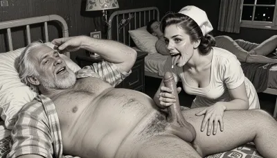 This is a detailed, monochrome pencil drawing in a classic illustration style, depicting a scene in the USSR during the 1950s, In a darkened hospital room at night, an obese, ugly, hairy, and bearded older white man in hospital pajamas lies in bed. A lustful, mocking smile plays across his ugly face, other patients are asleep in the same room. His penis protrudes from his hospital pajamas, and his hairy testicles are visible. A beautiful Russian woman with elegant brown hair and a curvy figure—featuring and wearing a nurse's dress and cap, she stands beside him, her tongue stuck far out, (((her face smeared with semen))), semen in her hair, semen on her clothing, her eyes and mouth are wide open, and her expression is intensely aroused. She holds his penis in her hand, leans down, and performs an intense blowjob, (deep-throating him), while his hand rests on her head. Side lighting creates a moody, sexual atmosphere. The overall mood is intense, the drawing is distinguished by fine, expressive linework and subtle shading reminiscent of the style of satirical or moralizing illustrations from the 1950s.