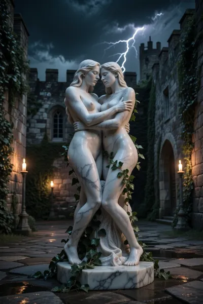 (((marble statuette of two naked lesbian women in loving embrace))), ivy climbing up the statuette, placed in the middle of a medieval castle courtyard, ivy covered rough stone walls, dark night with sparse illumination from a few standing troches, dark cloudy sky with lightning, dark medieval atmosphere, somber lighting, long shadows, photo realistic, realistic torch flame lighting, realistic detailed stone texture, realistic detailed marble texture, anatomically correct statuette, highly detailed statuette, detailed realistic ivy texture, ONLY FEMALE FIGURES, feminine statuette