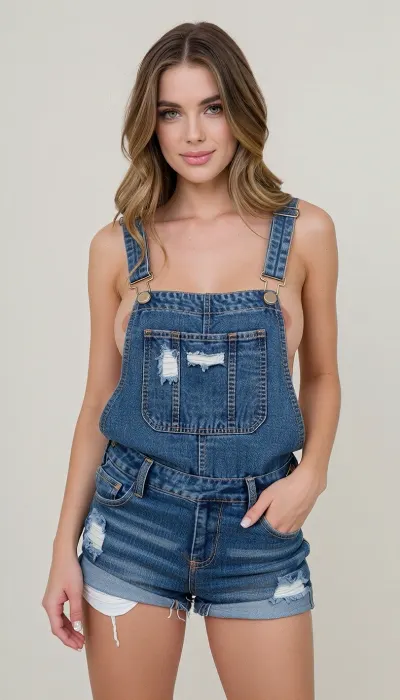 A beautiful woman wearing denim overalls. The jumpsuit is worn on the naked body