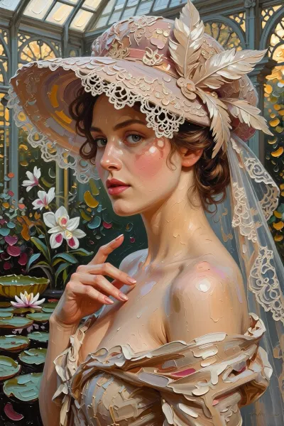A portrait of a young, beautiful woman in the Edwardian style of the 1900s–1910s, she stands in a luxurious conservatory by a pond with water lilies, in a three-quarter profile, her head slightly turned to the left, the pensive gaze of her expressive eyes is directed to the side, rosy cheeks, slightly parted lips, her right hand is raised, with her index finger touching her lower lip, her hair is gathered and styled beneath a hat. A cream-colored wide-brimmed hat with a ribbon, abundant white lace, a bow, and dark blue feathers, a semi-transparent white veil falls to her shoulders. A textured summer dress with bare shoulders. Background, a Victorian glass-and-iron greenhouse with a frame and arched windows, the warm, golden light of sunset filters through the glass, a pond with green water lily leaves and blooming pink and white water lilies, tropical plants. Style, oil painting, Impressionism, visible textured brushstrokes, impasto, soft, painterly light, high level of detail, the atmosphere of John Singer Sargent and Monet’s water gardens.
