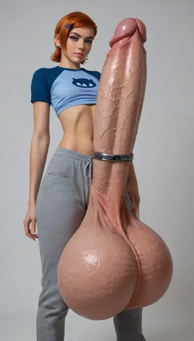 Gwen Tennyson, shemale, solo, massive huge hard hyper cock, (massive huge swollen balls:1.3), gigantic bulge, grey sweatpants, super close up on penis, standing up, dick pic, cock rings, piercings, gwen, tennyson, (/Ben10), /, (ultra, HD, quality, details), bright, orange, hair, short, (green, eyes), <lora:Gwen Tennyson (Ben10) - XL SCXL V1.0:.8>